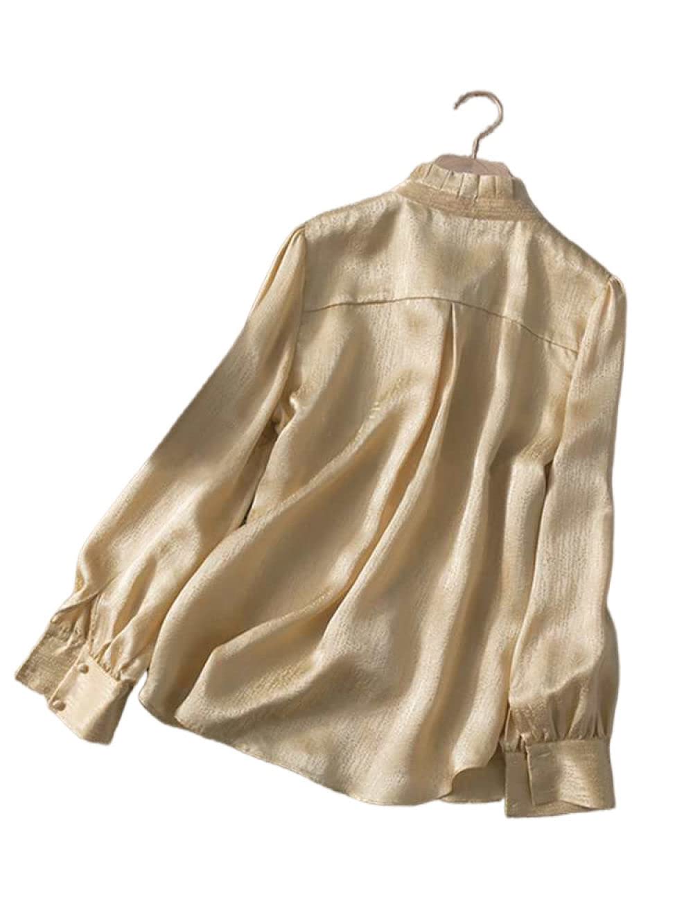 Damenkorsett Mit Langen Ärmeln,Damen Satin Seidenbluse Shirt Gelb V-Ausschnitt Langarm Mode Hemden Business Hemd Mit Knopf Sexy Party Tops Casual Arbeit Büro Bluse Für Mädchen Damen,M