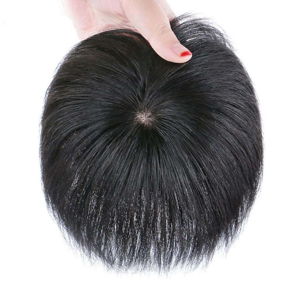 3.5x3.5inch Black Base 5.9inch Clip in Toppers Straight Human Hair One Piece Wiglet Hairpiece for Women Thin Hair (Natural black,mechanism)