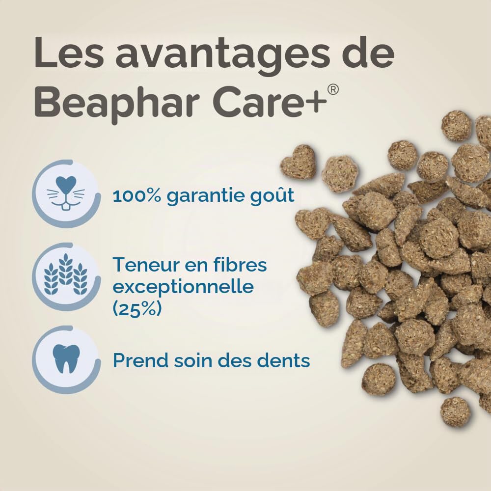 BEAPHAR – CARE+ – Alimentation Super Premium extrudée pour lapin junior – 25% de fibres – Appétent, sans sucre ajouté ni colorant – Haute digestibilité – Participe à l’usure naturelle de dents – 10 kg