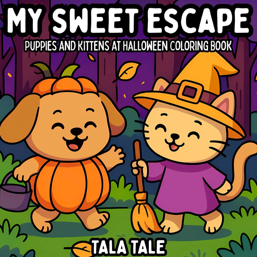 Puppies and Kittens at Halloween: Bold and Cozy Coloring Book Adventure for Adults and Teens with Cute Puppies and Kittens, and Halloween Vibes (My Sweet Escape)
