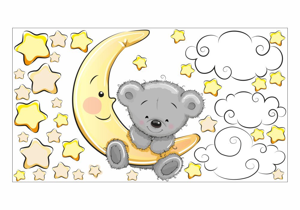 Nicima 064 Sticker mural décoratif Motif ourson sur la lune Nuages Étoiles – 6 tailles – Pour chambre d'enfant, chambre de bébé, ciel étoilé – Adhésif mural mignon – Décoration murale mignon –
