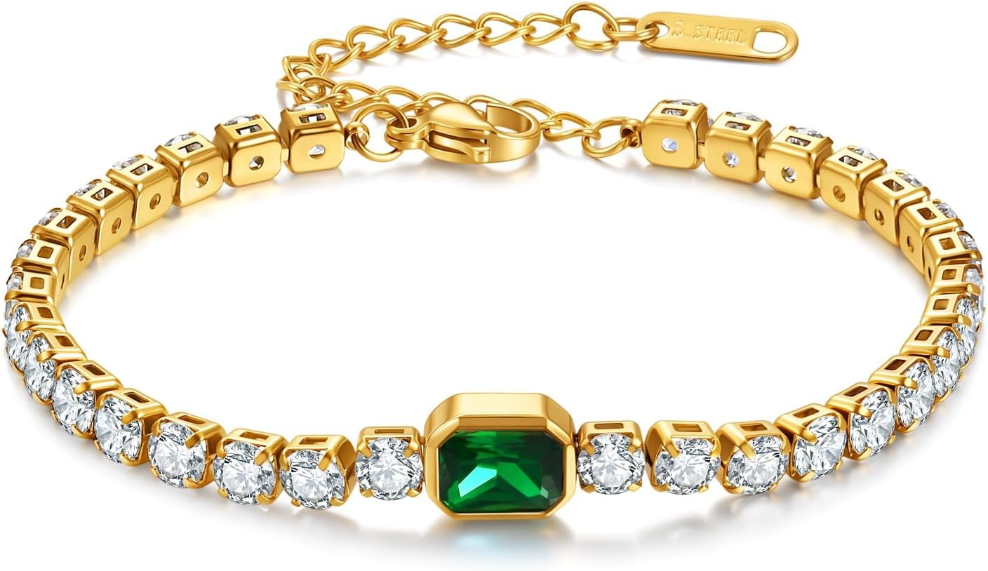 Stainless Steel Tennis Bracelet for Women, Adjustable Chain Cubic Zirconia Bracelet with Colorful Square & Heart Shaped Birthstone, Dainty Fashion Jewelry Gifts for Birthday Anniversary