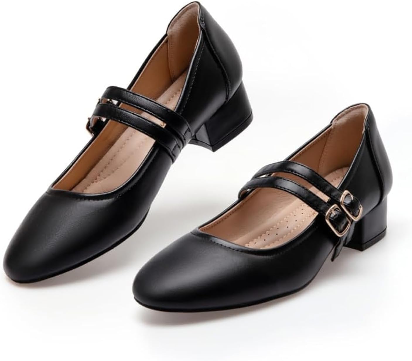 Mary Jane Shoes Women Double Straps 2 Inch Low Heels Dress Shoes Chunky Heels Closed Toe Pumps for Women Comfortable Dressy, PU Black8.5