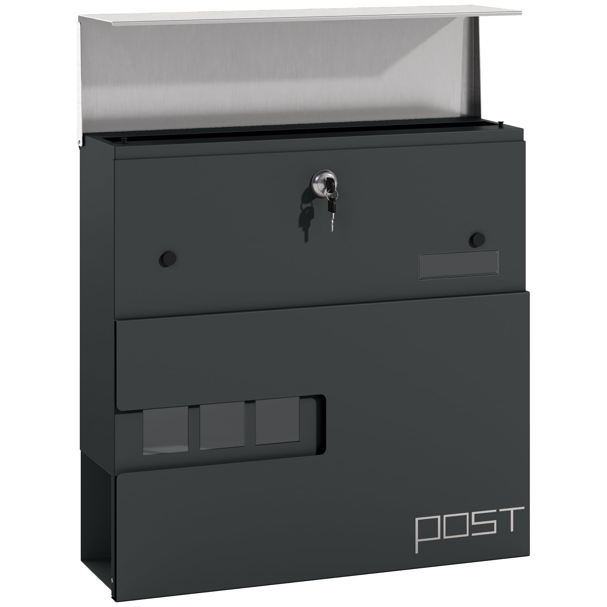 Rackhams Grey Wall Mounted Post Box, Weatherproof Letterbox With Lock - Charcoal - 37W X 10.5D X 37H Cm