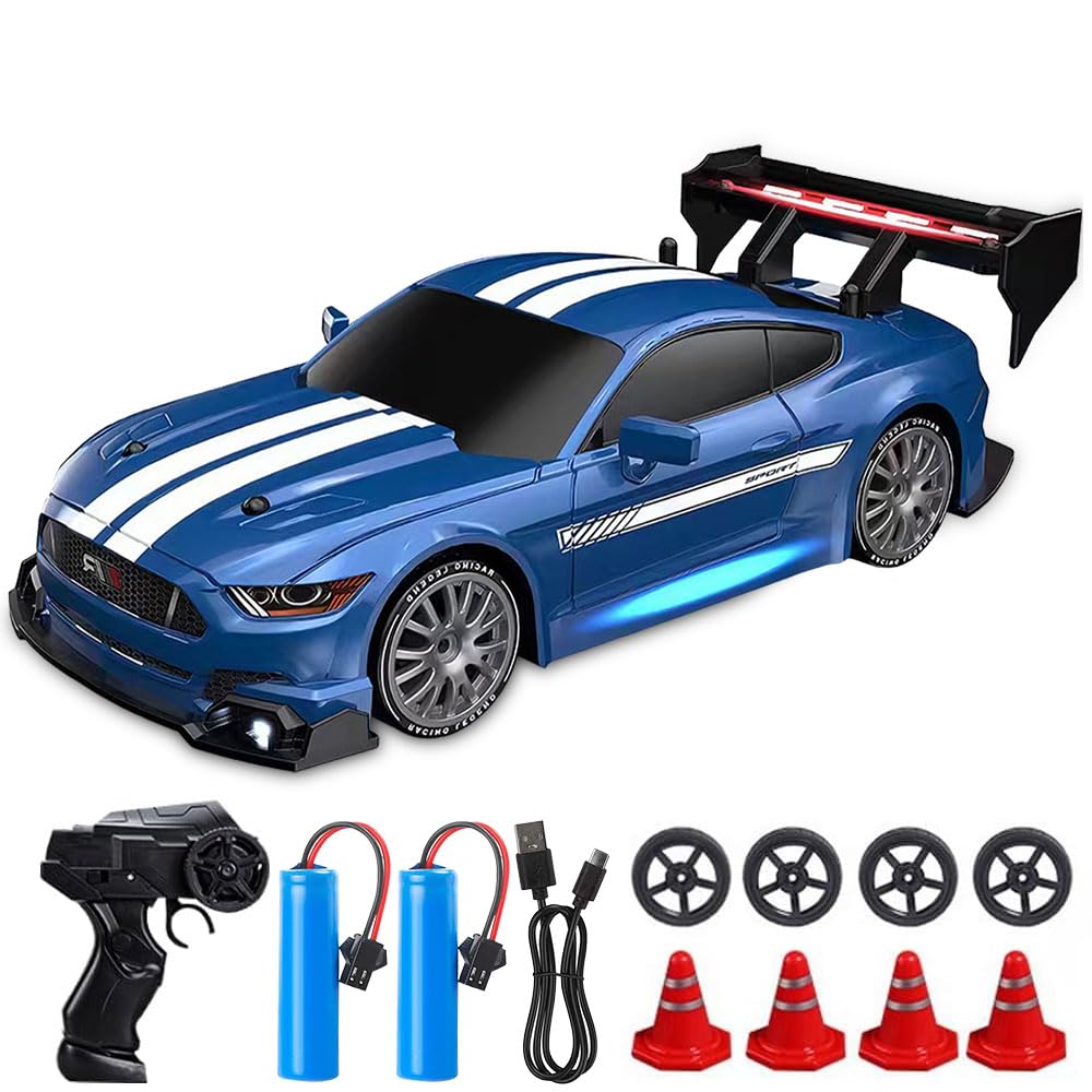 KUWUNG RC Drift Car, 1:24 Remote Control Cars with Cool LED Lighting, 2.4 GHz Rechargeable Mini RC Drift Car, 30km/h, 4WD Toy Vehicle Gift for Kids and Adults (Blue)