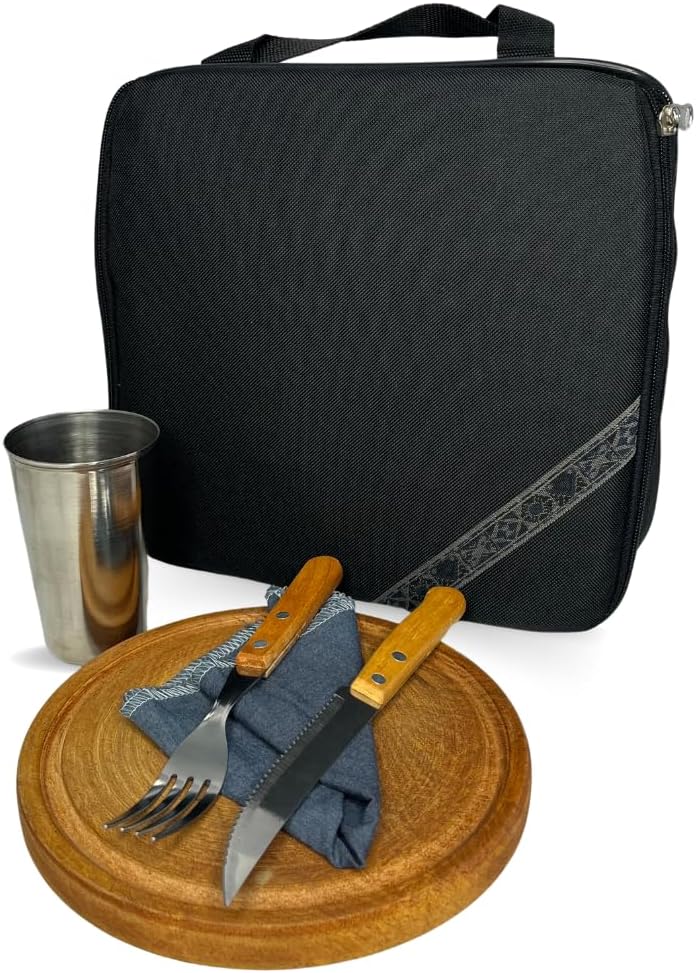 Individual Picnic Set Pampa Style from Argentina - Set with Knife, Fork, Wood Plate and Cloth Napkin (Beige)