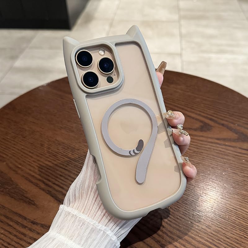 3D Cat Ear Cute Case for iPhone 16 15 14 13 12 Pro Max [Compatible with MagSafe] Millitary Shockproof Transparent Magnetic Cover (Gray,for iPhone 16 Pro Max)