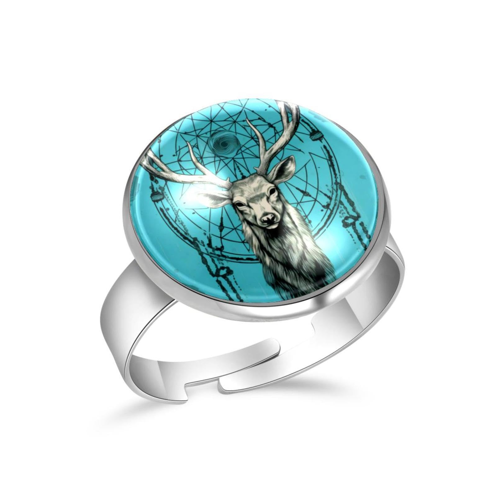 FVQL Adjustable Ring for Men, 1 PCS, Stainless Steel Ring, Dream Catcher and Deer