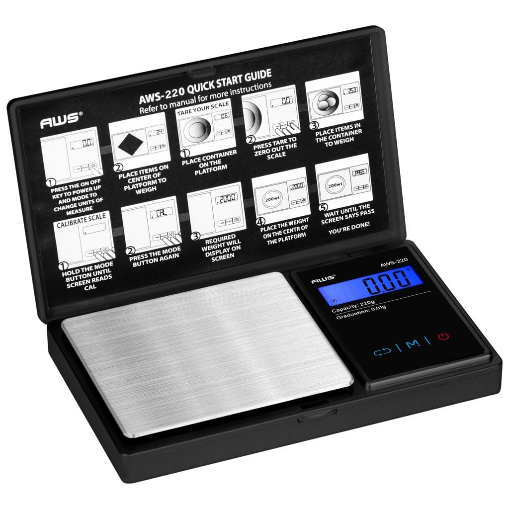 American Weigh Scales AWS Series Digital Pocket Weight Scale LCD Screen Accurately Measures 220g x 0.01g, (Black), AWS-220-BLK