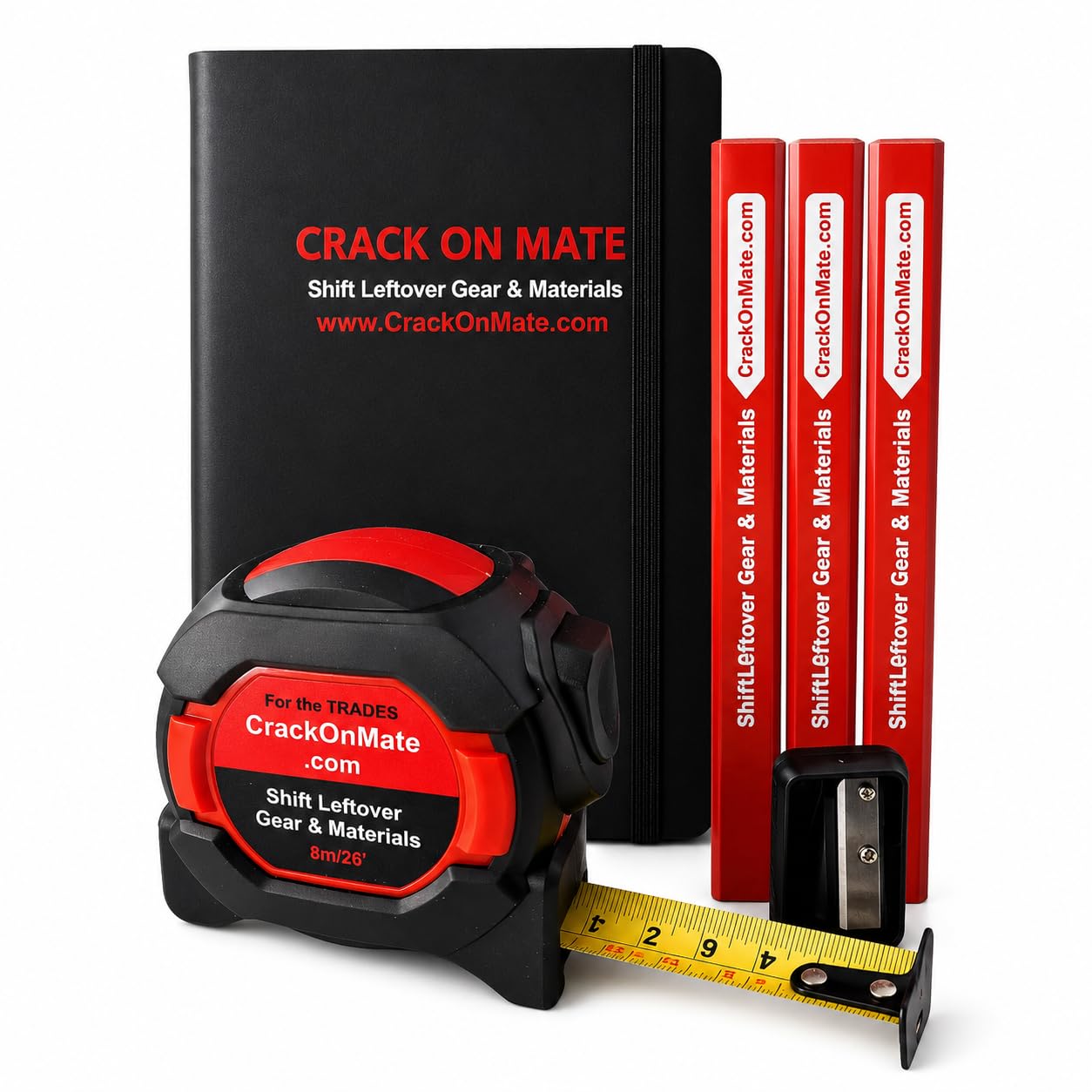 Crack On Mate - 8m Tape Measure 26ft Trade Kit - Auto Lock Magnetic Tape, 25mm Double Sided Blade, Class 2 Accuracy, Shockproof Case, Notebook, 2 Carpenter Pencils & Sharpener