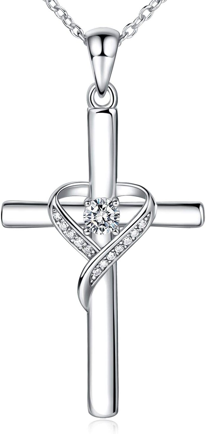 AmorAime 925 Sterling Silver Cross Necklace for Women Heart Necklaces for Mother for Festival, Vacation or Holiday