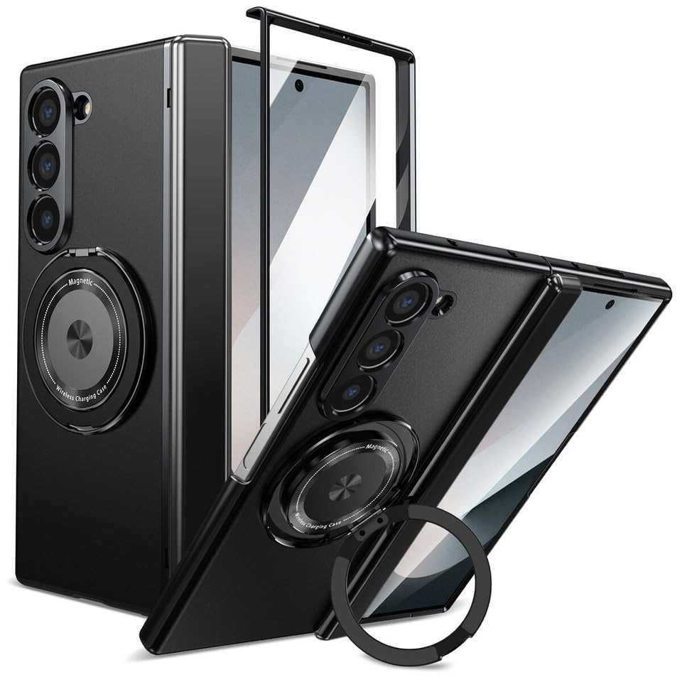 Generic Custodia compatibile con Samsung Galaxy Z Fold 4 (colore: nero) Custodia rigida con supporto magnetico ad anello