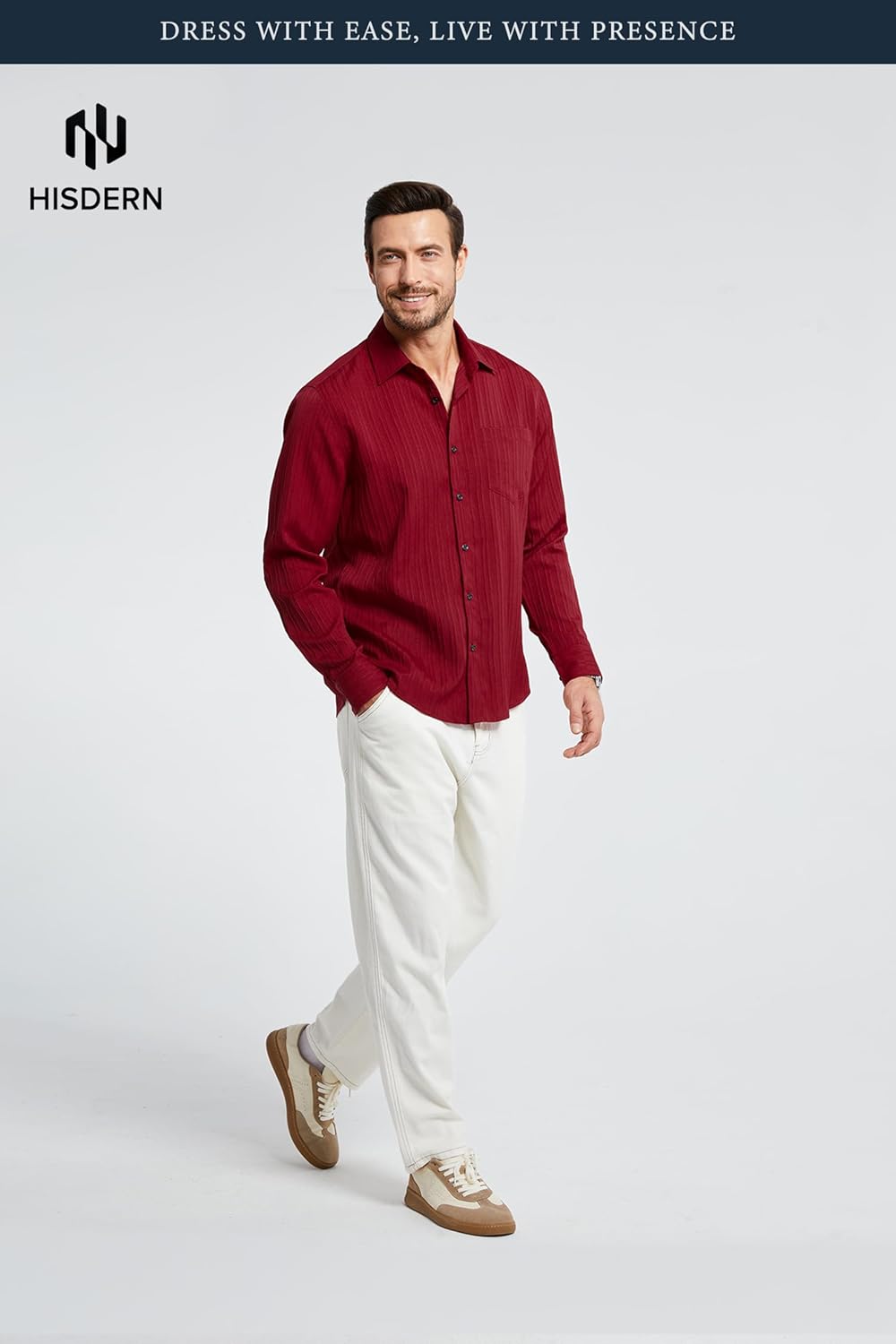 HISDERN 337 Mens Casual Shirts Long Sleeve Button Down Shirts Wrinkle Free Solid Collared Textured Shirt with Pocket - Image 4