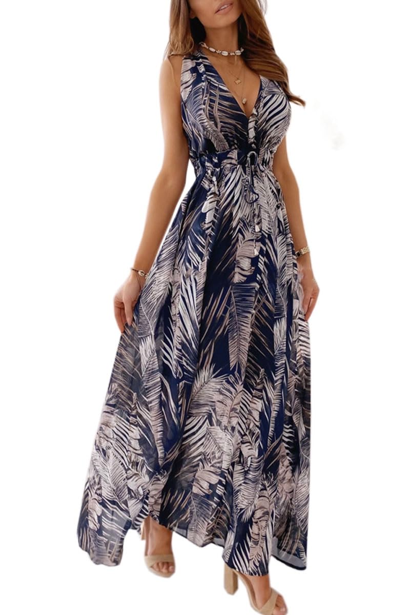 Yutdeng Vestido Mujer Casual Vestido Verano Mujer sin Mangas Vestido Playa Mujer Bohemio Maxi Vestido Largo Verano Mujer Chic Vestidos Cuello V Boho Sexy Estampado Floral Informal Ajustado Vacaciones