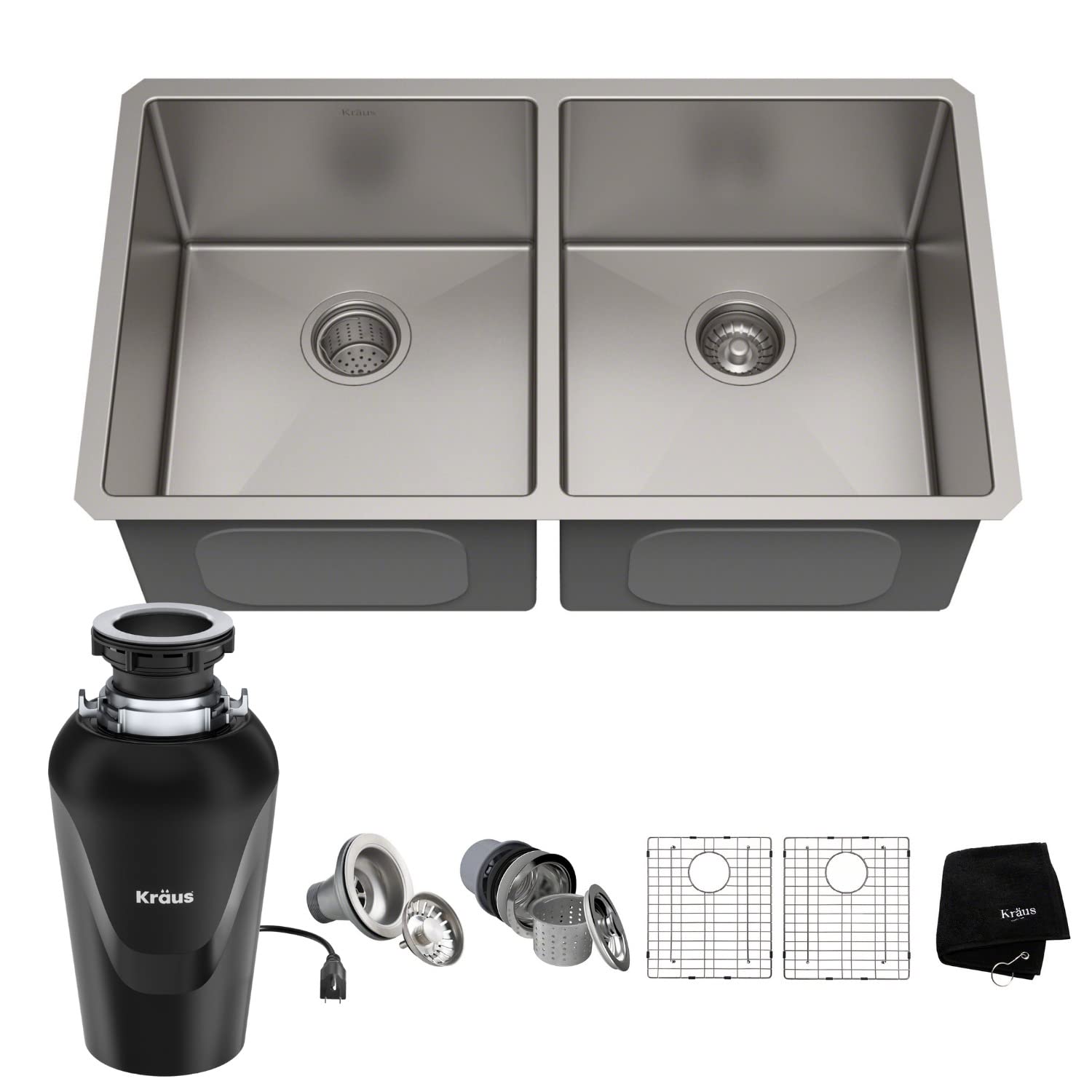 Kraus KHU102-33-100-75MB Standart PRO 16 Gauge Undermount 50/50 Double Bowl Stainless Steel Kitchen Sink with WasteGuard Continuous Feed Garbage Disposal, Satin