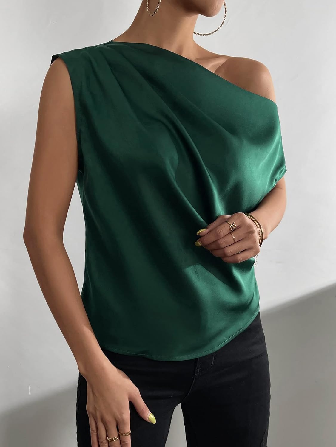 OYOANGLE Women's Satin Off The Shoulder Short Sleeve Asymmetrical Neck Ruched Work Office Blouse Top - Image 4