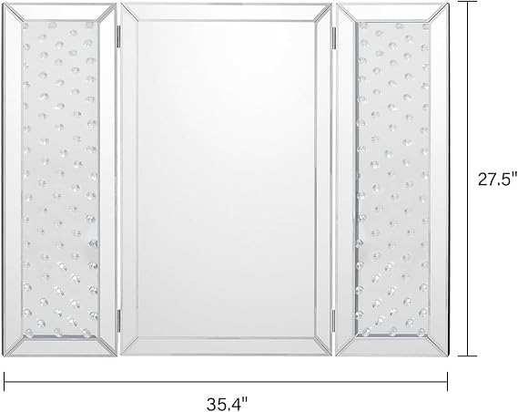 Tri-Fold Vanity Mirror, 35.4 x 27.5 Silver Wall-Mounted/Tabletop Makeup Mirror with Crushed Diamond Inlay, 3-Panel Foldable Mirror for Bedroom, Dressing Room, Bathroom, Glam Decor
