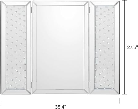 Tri-Fold Vanity Mirror, 35.4 x 27.5 Silver Wall-Mounted/Tabletop Makeup Mirror with Crushed Diamond Inlay, 3-Panel Foldable Mirror for Bedroom, Dressing Room, Bathroom, Glam Decor