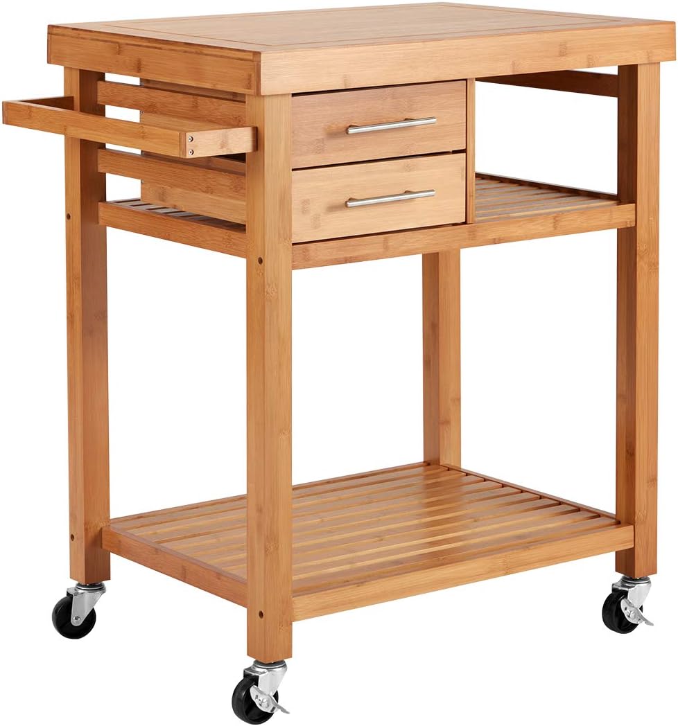 EROMMY Rolling Bamboo Wood Kitchen Island Cart, Multi-Purpose Kitchen Trolley Cart on Wheels, Rolling Kitchen Cart with Drawers, Open Storage Shelves, Towel Rack, Locking Casters : Home & Kitchen