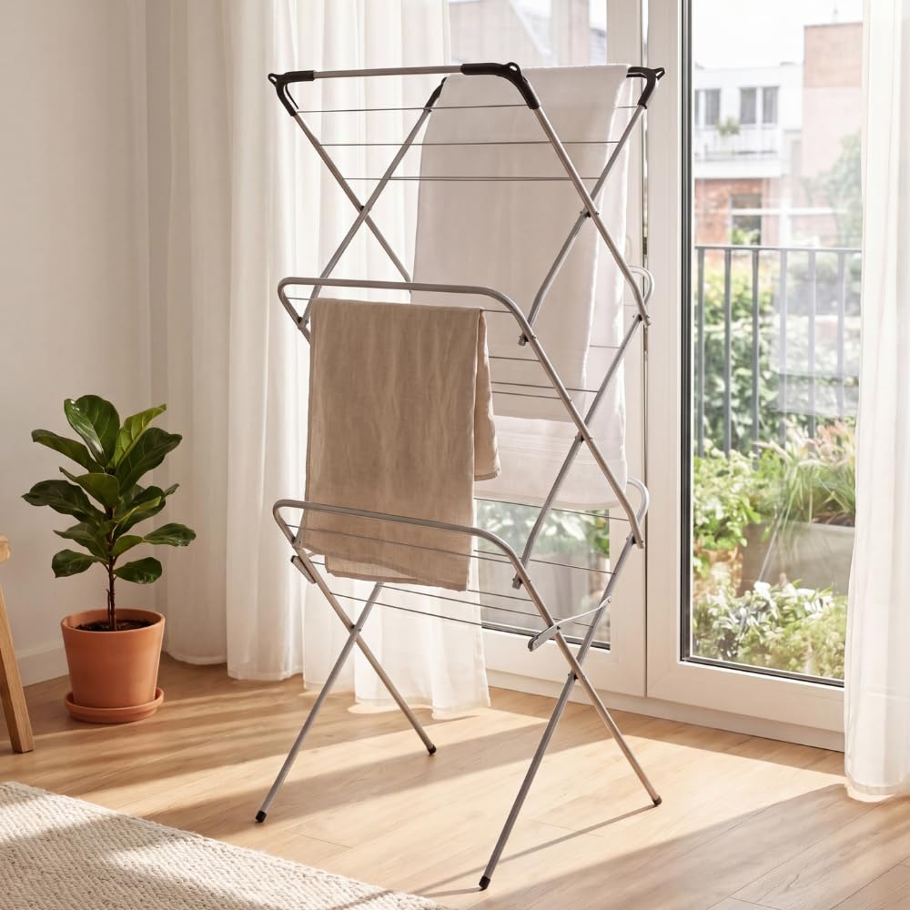 Metaltex 9,5 m extra schmales 3-Tier-Ziehharmonika Wäscheständer Wäschesack, Silber