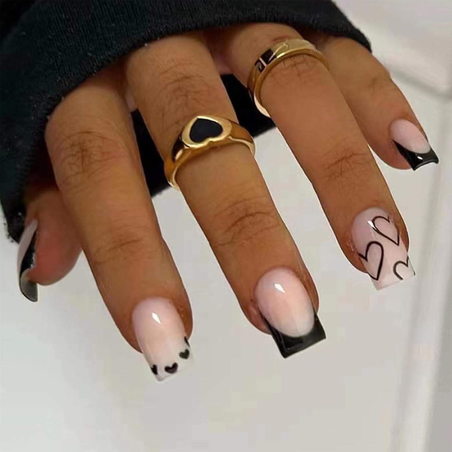 Black French Tip Press on Nails Medium Square Fake Nails Heart False Nails with Designs Full Cover Acrylic Stick on Nails Glossy Glue on Nails Reusable Cute Artificial Nails for Women Manicure 24pcs