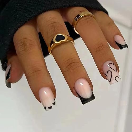 Miniatura 46 de Uñas postizas medianas a presión rojas, uñas cuadradas con pegamento, uñas postizas color rojo vino con diseño de líneas plateadas con purpurina