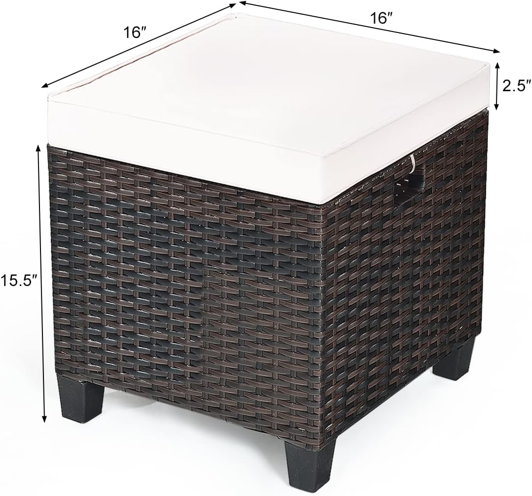 LDAILY Moccha 2 Pieces Patio Outdoor Ottoman, All Weather Rattan Patio Ottoman Set w/Removable Cushions, Footrest Seat Outdoor Footstool (Cream)