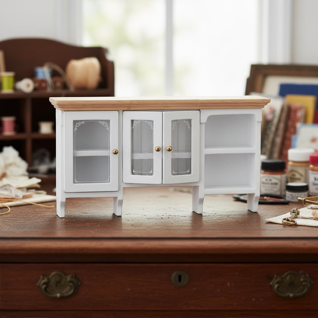 1/12 Miniatura Storage Cabinet Wall Mounted Hand Painted Dollhouse Cupboard Crafted Mini Shelf(White)