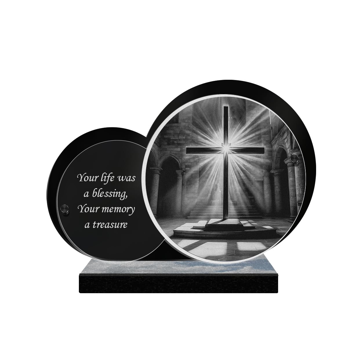 ETERNEL - Personalized Double Circle Memorial Plaque - Christian Cross, Church, Christian - Customizable text, laser-engraved memorial plaque for tribute, tombstone, mortuary, mourning