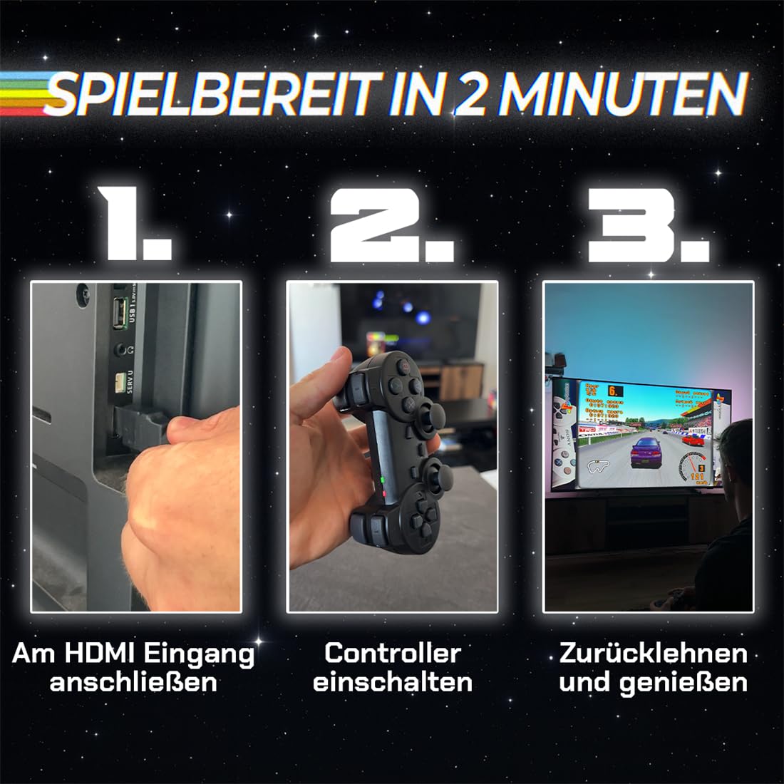 Retro Spielekonsole mit 100.000+ Klassikern – 4K HDMI & 2 Kabellose Controller – Plug & Play ohne Verzögerung – Für Familien, Kinder & Freunde – Ideal für Wohnzimmer & Spieleabende