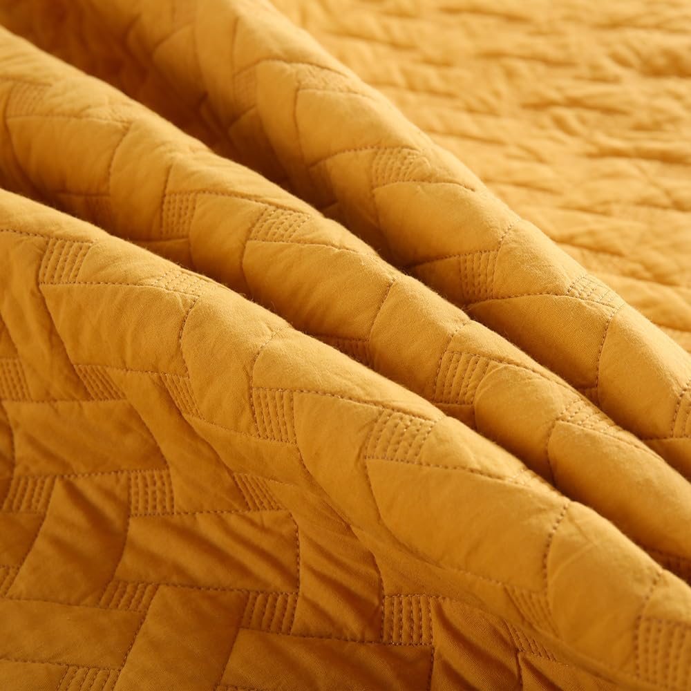 Cotton King Quilt Bedding Sets, 3 Pieces Reversible Lightweight Coverlets Comforters Bedspreads for All Seasons,Weave Stitching Pattern, Yellow - Image 9