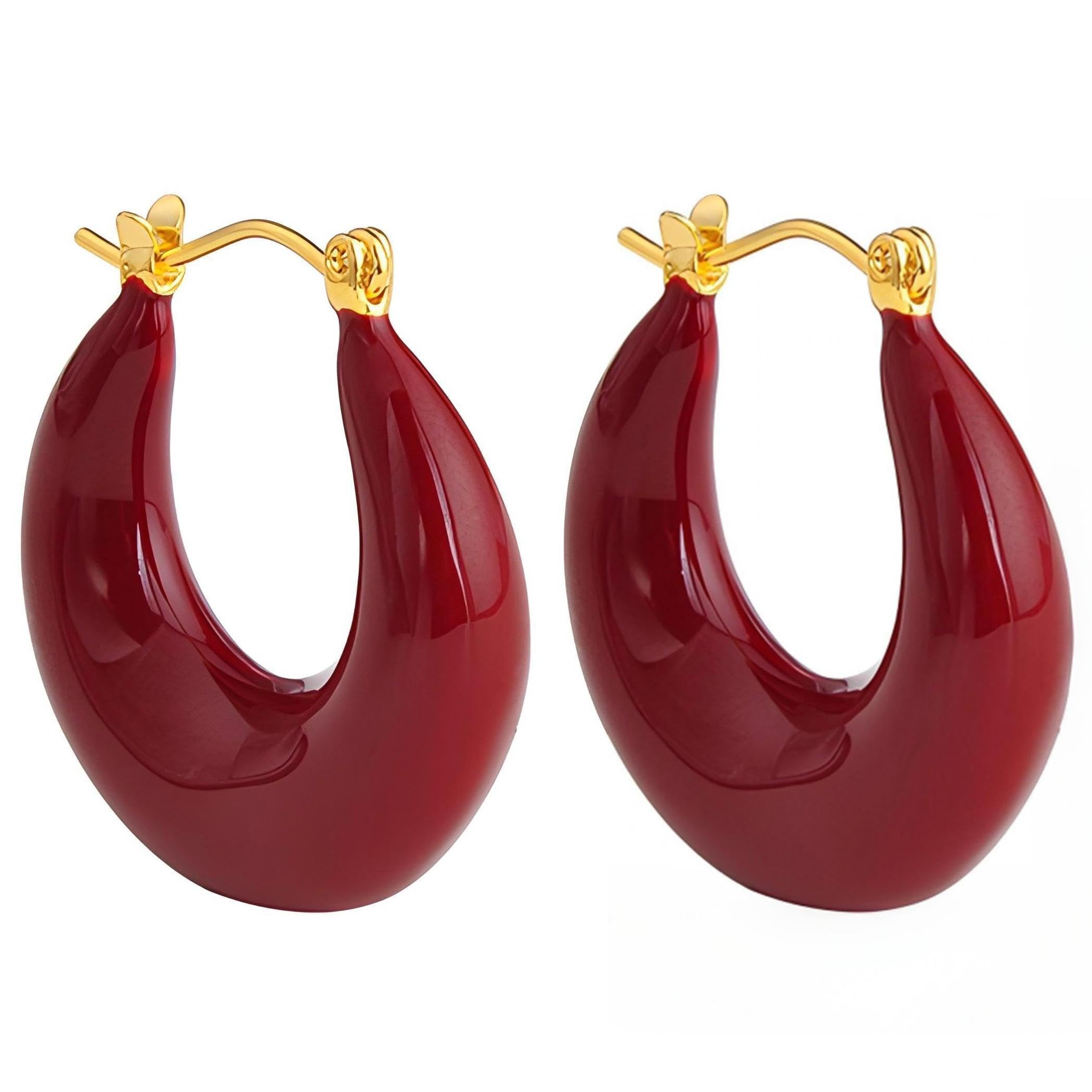 WARIDAR Burgundy Maroon Red Black Green Brown Enamel Minimalist 18K Gold Plated Chunky Hoop Earrings | Hypoallergenic Luxury Lightweight Versatile