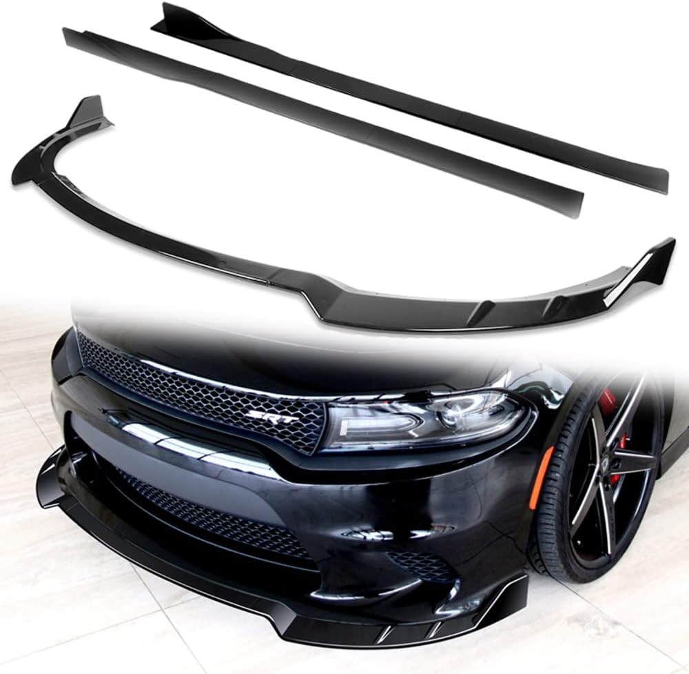 Q1-TECH, 9-Piece Front Bumper Lip & Side Skirt Extensions Diffuser Compatible with 2015-2023 Dodge Charger SRT Only, Front Bumper Lip Spoiler Air Chin Body Splitter ABS (Painted Black)