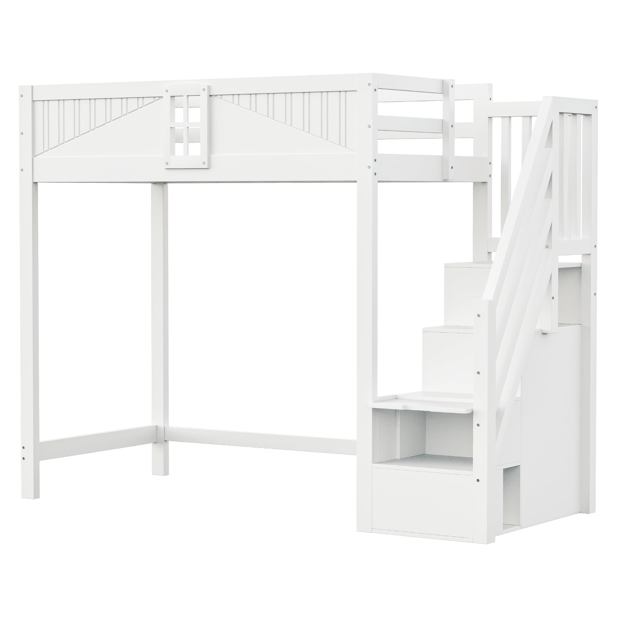 Azkoeesy Letto a soppalco per bambini con scala e armadio, 90 x 200 cm, in legno di pino, grigio-bianco, design a forma di finestra, per adulti e ragazzi (bianco)