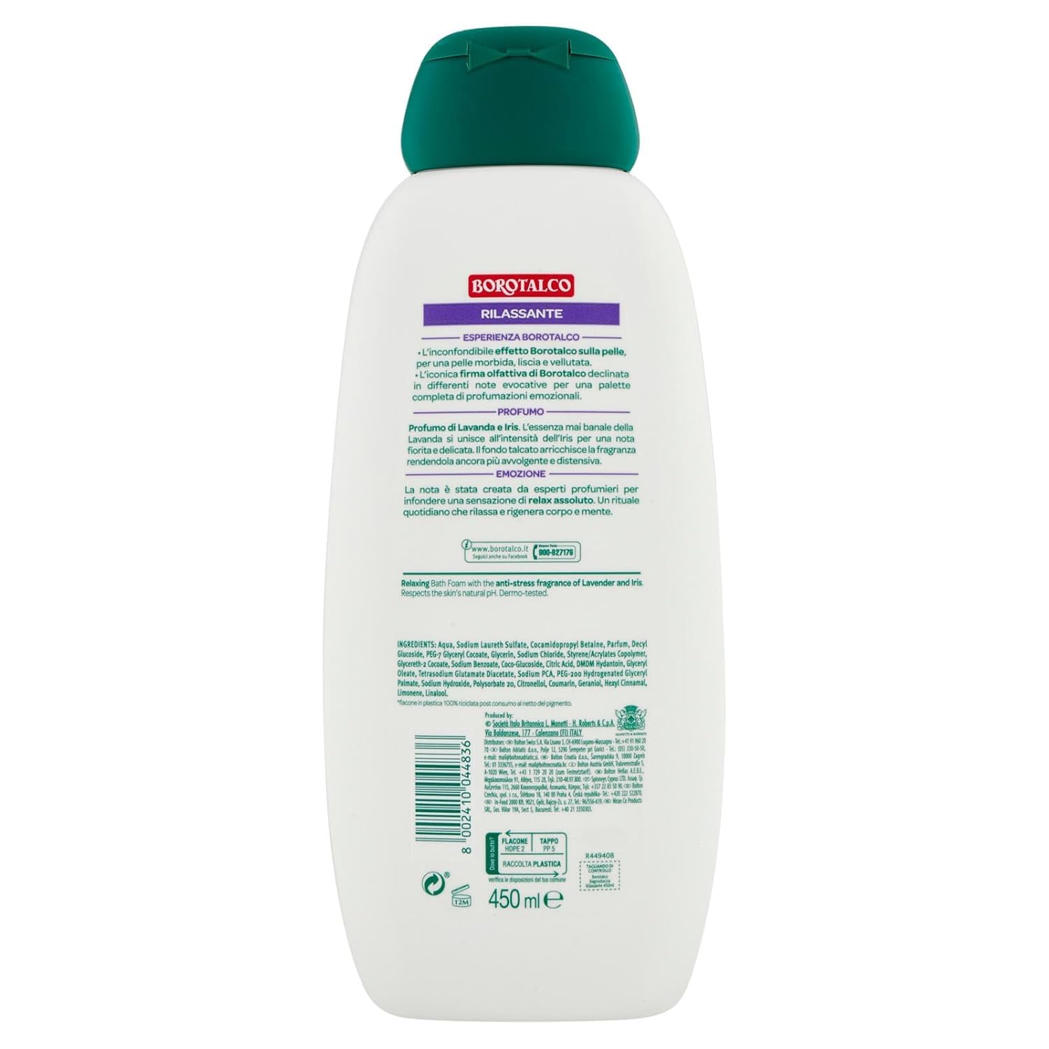 Borotalcö, bagnoschiuma Rilassante, gel doccia con lavanda e iris, detergente per il corpo, 450 ml, per una pelle morbida e vellutata + portachiavi in omaggio Italy Shop Service
