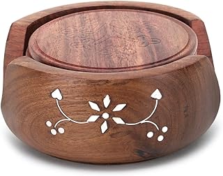 Zap Impex Wooden Beautiful Wooden Roller Coaster Set of 6 Round Handmade Table Coasters and Decorative Wooden Holders for Tea Cups, Coffee Cups, Beer, Bar Tumblers and Water Glasses