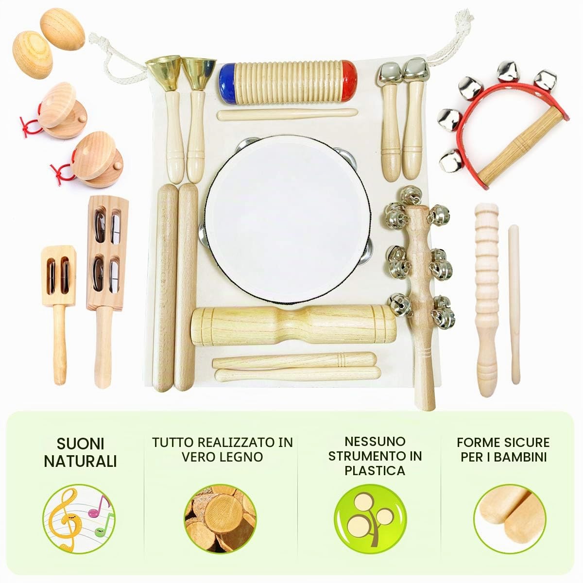Strumenti Musicali Bambini, ULIFEME 23 Pezzi Strumenti Musicali Legno, Giochi Musicali A Percussione Giocattolos per Bimbi, Set Ritmo di Percussioni Premium, Materiale 100% Legno Puro+ Borsa di Cotone