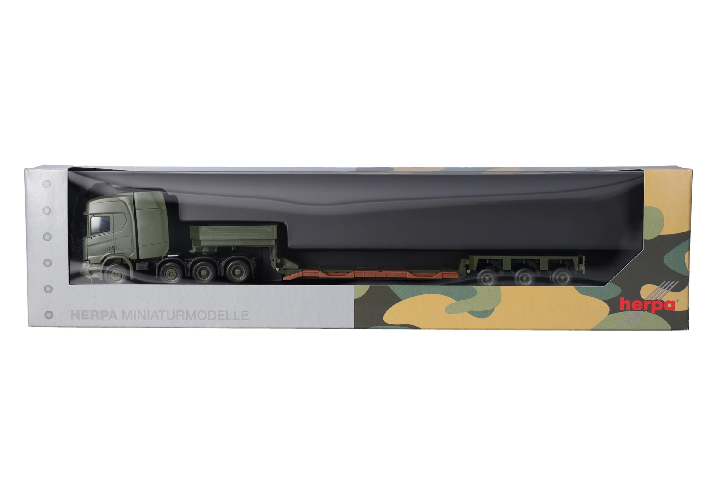Herpa model ciężarówki Scania CR 20 HD naczepa niskopodwoziowa „Danish Army” (DK), miniatura w skali 1:87, Military, model kolekcjonerski, wyprodukowany w Niemczech, tworzywo sztuczne