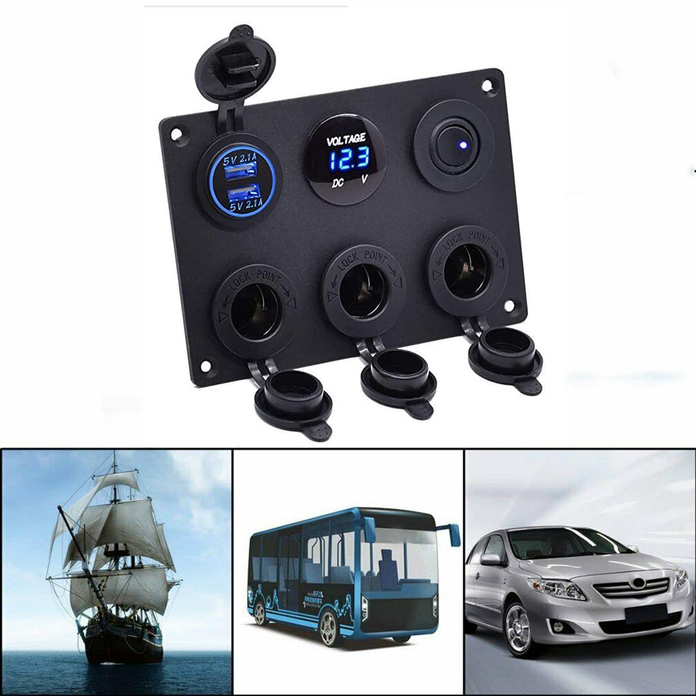Panneau de commande de voiture 12V/24V avec double chargeur USB Prises de chargeur allume-cigare, panneau de commande de commutateur pour voiture, bateau, caravane marine, bleu