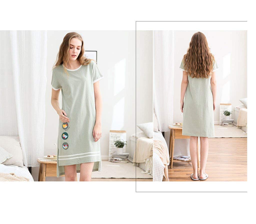 Sukienka nocna damska elegancka moda przytulna miękka koszula ubrania sukienki letnie z nadrukiem koszula nocna z krótkim rękawem okrągły dekolt otwarty widelec sukienka do spania piżama, ZIELONY, M
