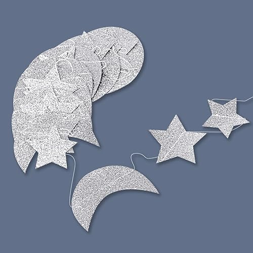 Miniatura 3 de Guirnalda de papel de estrella plateada con purpurina y luna media luna centelleante para baby shower niños cumpleaños aniversario boda compromiso