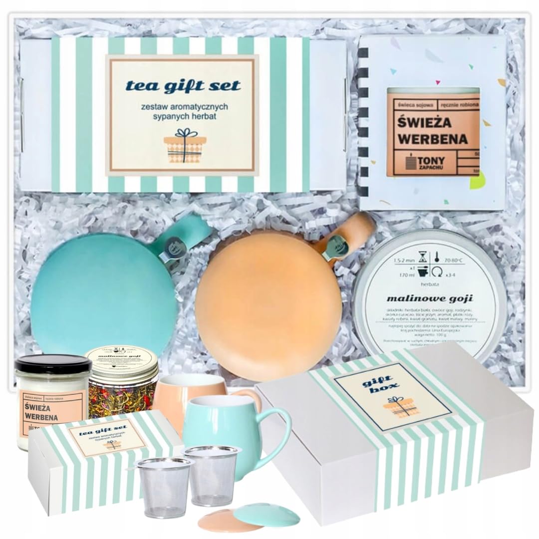 ZESTAW BIG BOX "TEA GIFT SET" - HERBATY SYPANE ŚWIECA SOJOWA KUBKI Z ZAPARZACZAMI NA PREZENT UPOMINEK DLA KOBIETY FACETA DZIEWCZYNY CHŁOPAKA MAMY TATY BABCI DZIADKA