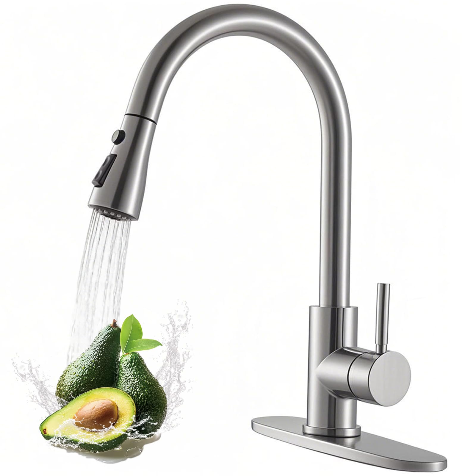 VAPSINT Grifos de cocina, grifo de cocina de níquel cepillado con rociador extraíble, grifos de cocina extraíbles de arco alto, grifos de fregadero de cocina comercial para granja, caravana, caravana