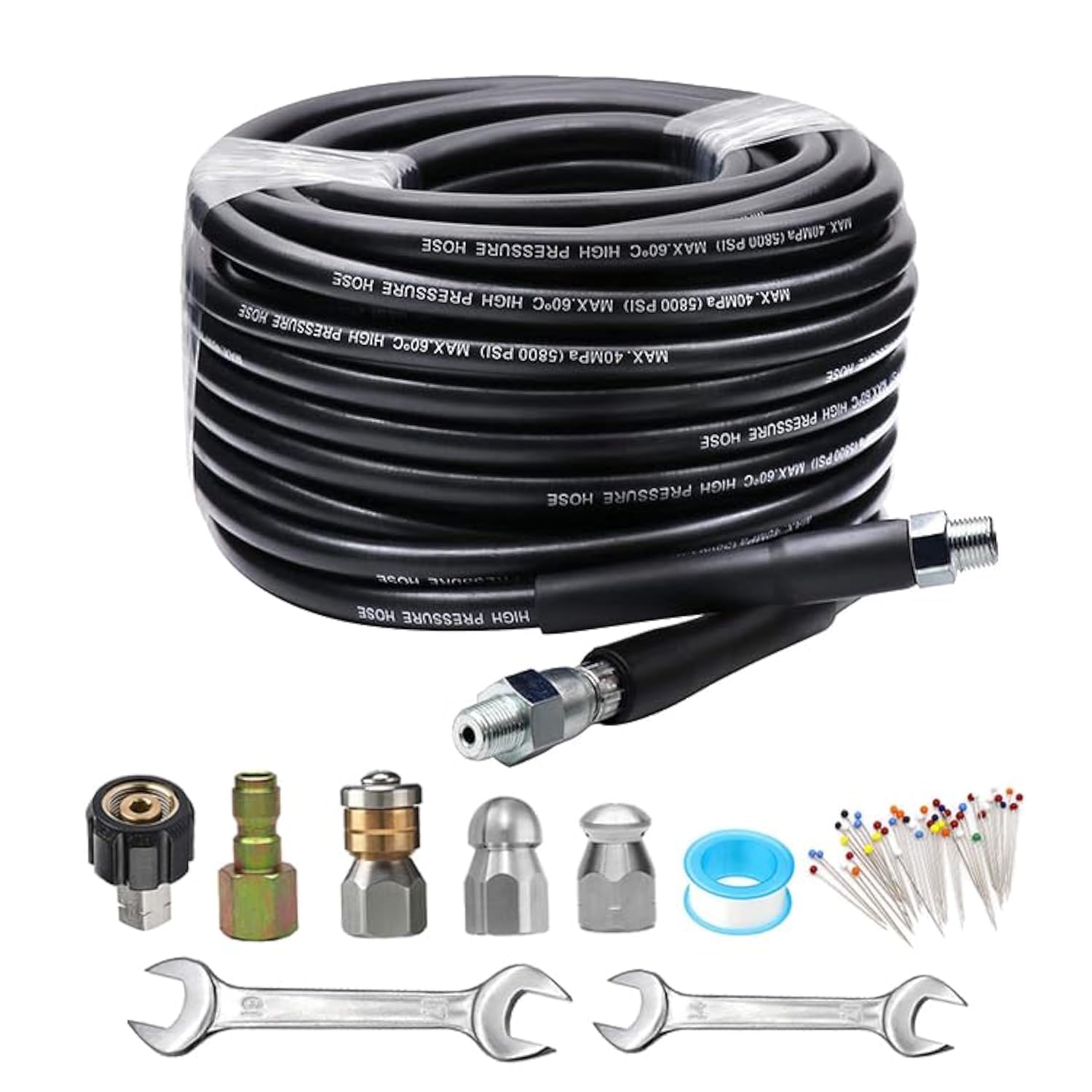 Aim Tools Women's Black High Pressure Washer Sewer Jetter Kit Drain Cleaner Hose 30M / 100 Ft, 5800 Psi, 1/4 Inch Npt, M22 14Mm Fitting, Corner Rotating And Button Nose Sewer Jetting Nozzle