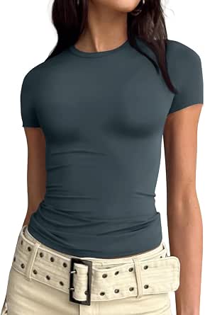 Trendy Queen Womens Basic T-Shirts Scoop Neck Short Sleeve Crop Tops Cute Summer Tops Slim Fit Tees Y2k Clothing - Haze Blue Medium