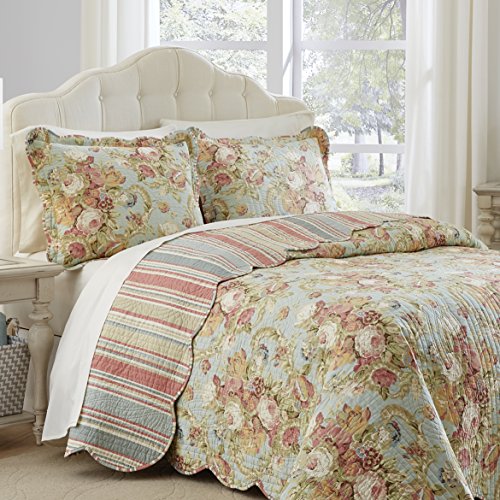 Waverly Spring Bling Modern Farmhouse Floral 3-Piece Reversible Quilt Bedding Bed Spread Set, Queen, Vapor #TOP4
