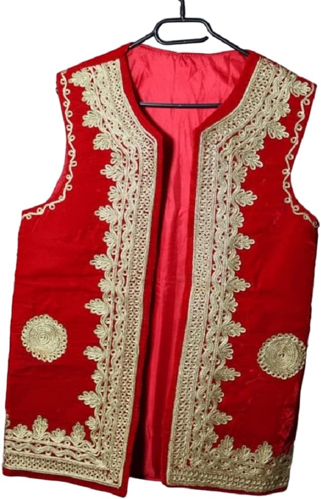Afghan Traditional men's maroon velvet vest coat with heavy embroidery with cap for pashtun culture Waist coat