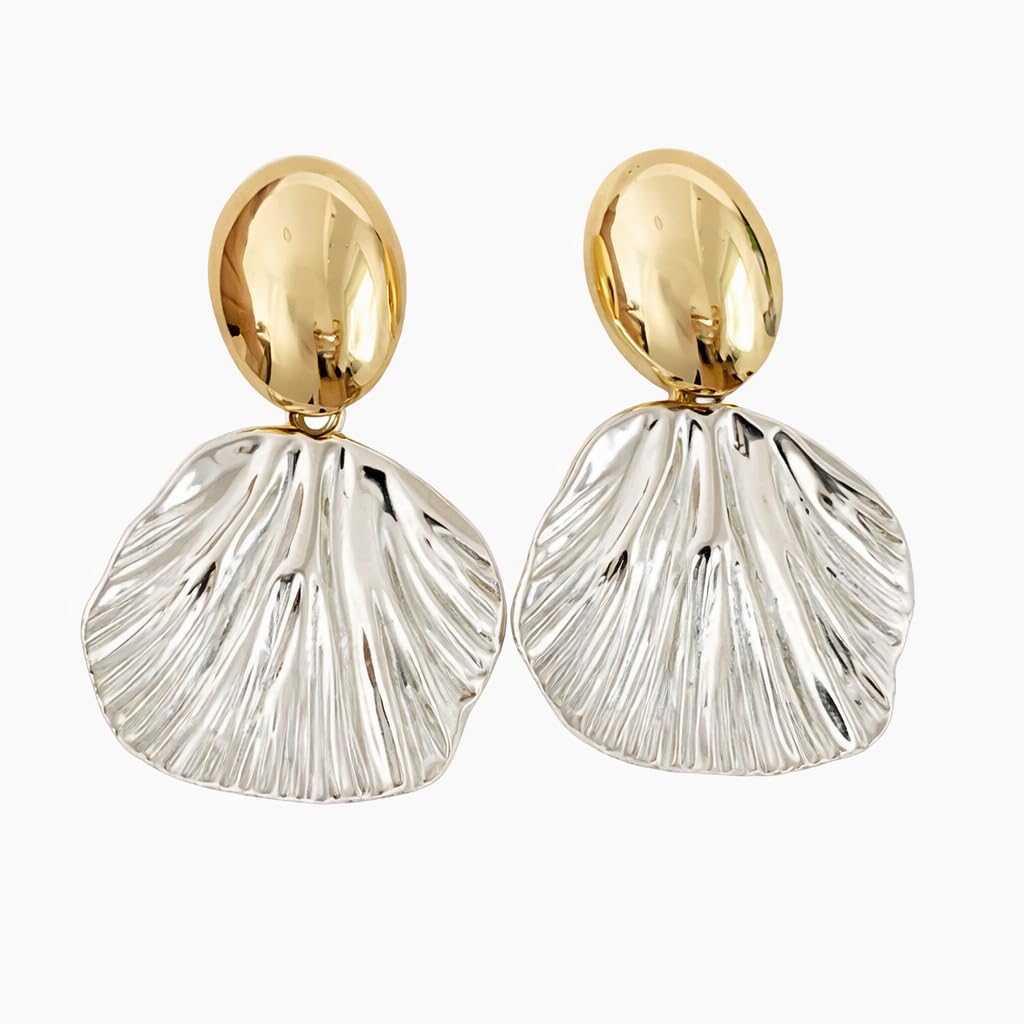 Symvikio Gold Silver Plated Two Tone Clip On Earrings for Women, Textured Fan Shell Statement Stud Drop Earring Clips,Non-PiercedJewelry Gifts - Image 8