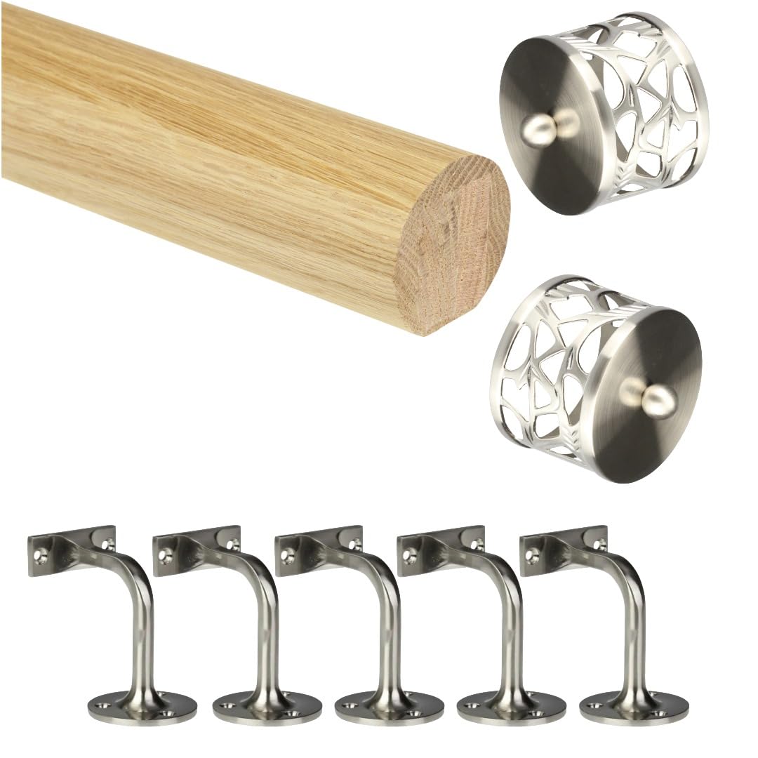 Jackson Woodturners Oak & Nickel Oak Mopstick Handrail Kit With Brushed Nickel Wall Brackets & Filigree End Caps Stair Rail (4200Mm + 5 Wall Brackets)