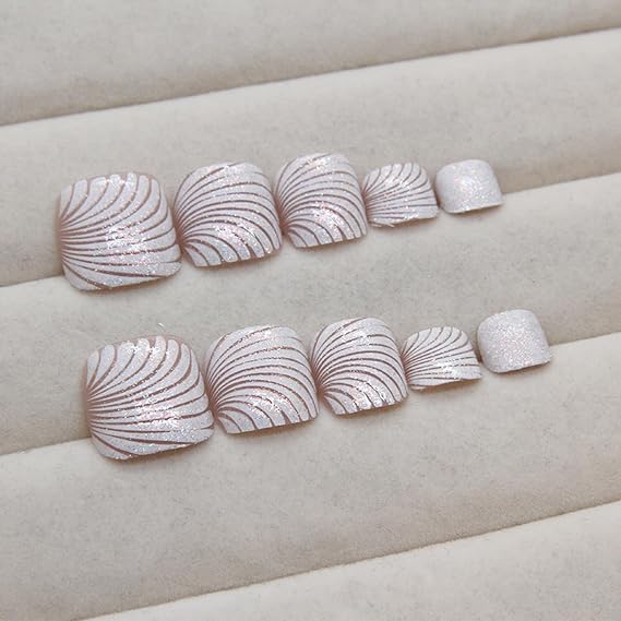 White Toe Press on Nails Short Toe Nail Press ons with Shell Pattern Designs Summer Press on Toenails for Women Square Fake Toe Nails Reusable Acrylic Toenails for Pedicure Decorations 24 Pcs
